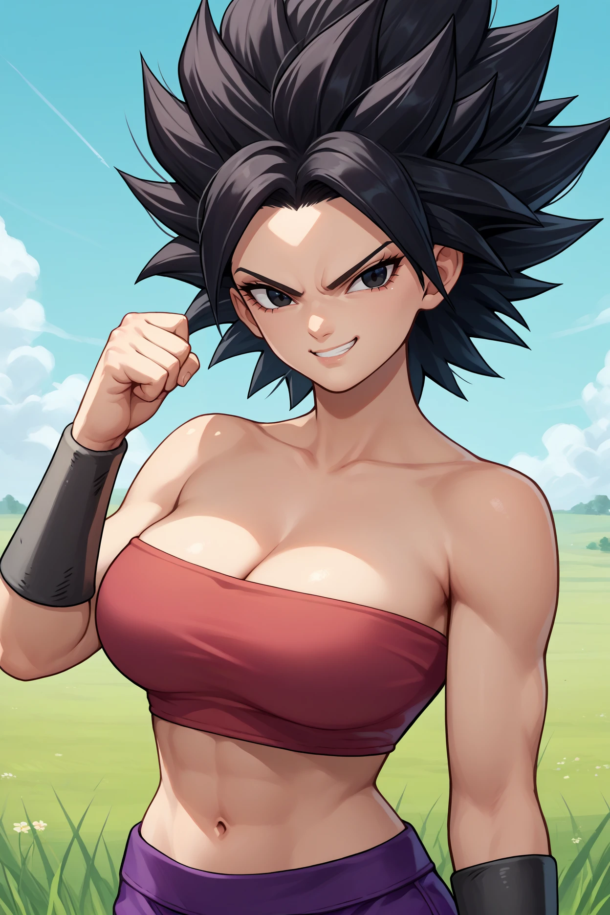 score_9, score_8_up, score_7_up, score_6_up, source_anime, 1girl, solo,  <lora:caulifla-pdxl-nvwls-v1-000007:1> defCal, black hair, black eyes, tube top, midriff, purple pants, bracers, looking at you, smirk, upper body, field, green sky, big breasts, cleavage, hand up, clenched hand