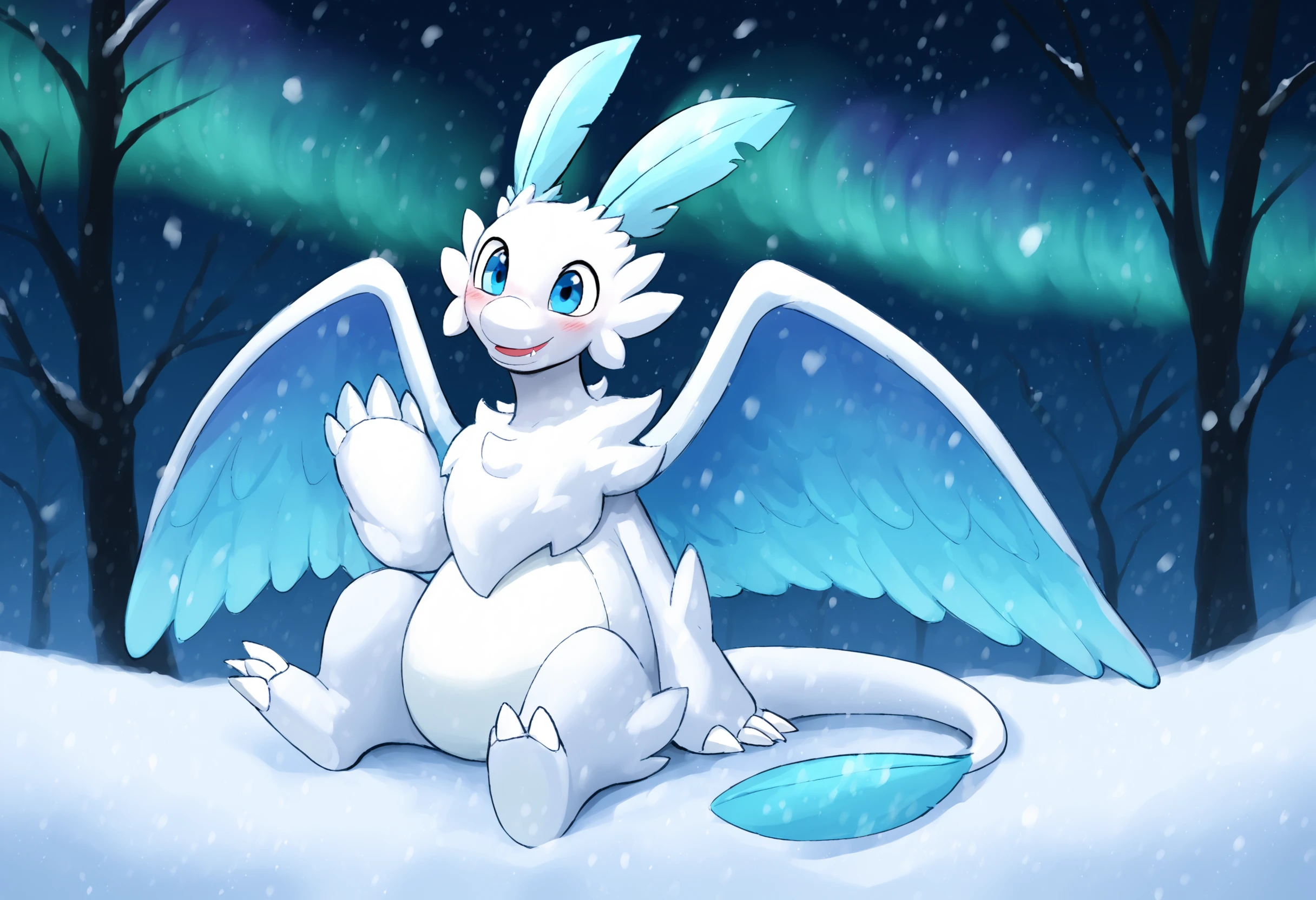 score_9, score_8_up, score_7_up, source_anime BREAK
snow, winter, trees, snowing, clouds, night, dark background, dark, stars, aurora
Quivern_Palworld, white fur, white wings, light blue inner wings, white claws, white belly, blue eyes, light blue headfeathers, light blue tailfeather, (white tail:1.4), (long tail:1.6), feral, solo
sitting, open mouth, head tilt, smile, blush, waving <lora:Quivern_Palworld:1>
sideview, from side