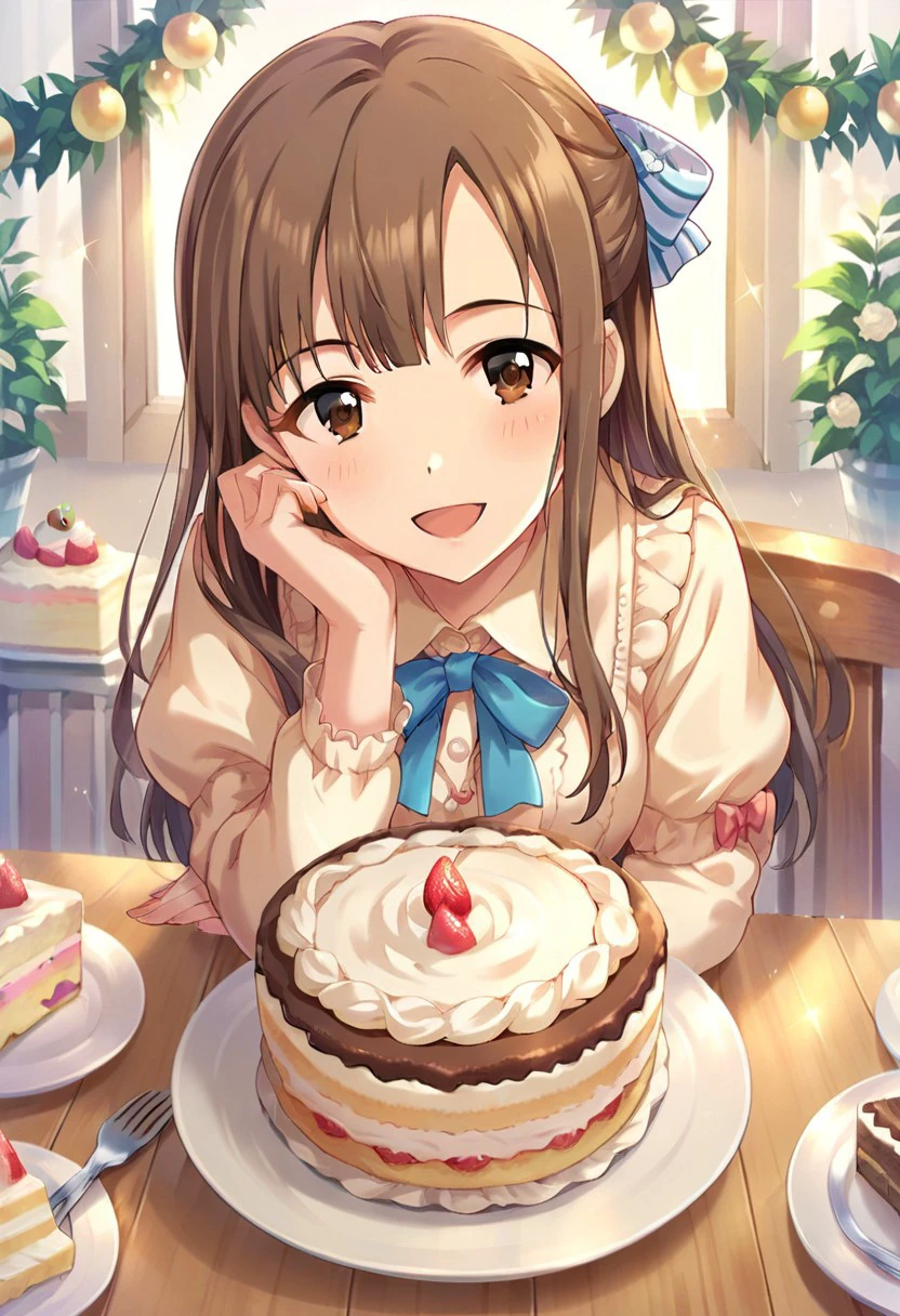 score_9, score_8_up, score_7_up, source_anime,mizumoto yukari, brown hair, brown eyes, 1girl, solo, food, cake, open mouth, smile, looking at viewer, hair bow, bow, blush