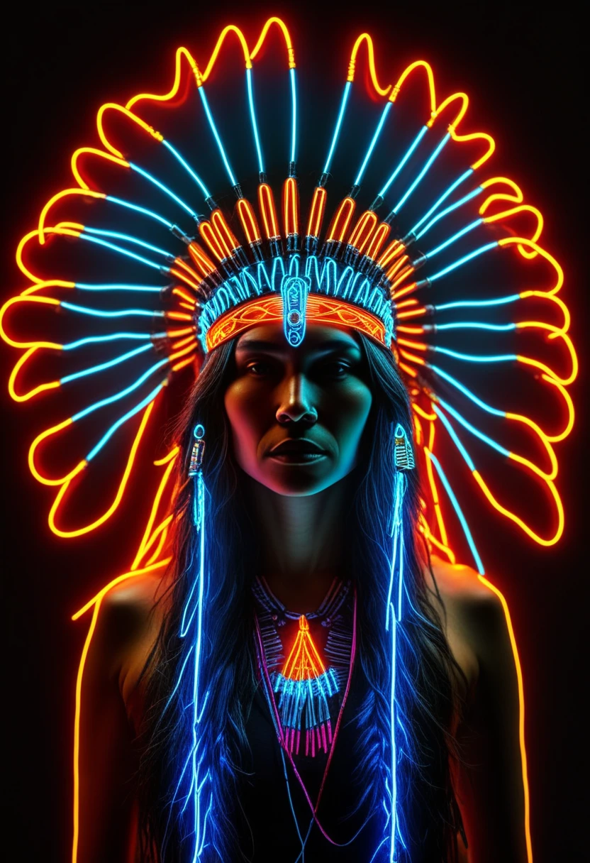 D_Ewir3s , Dark electric neon wires,1girl, native american,headdress,solo, 