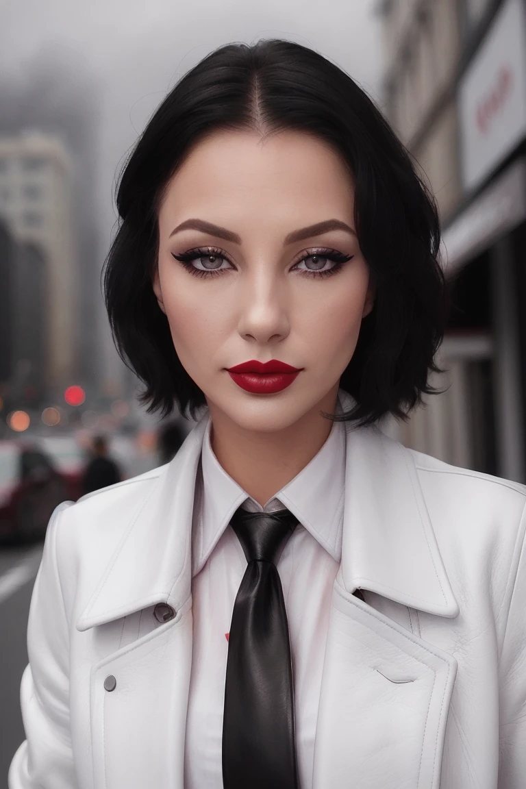 <lora:mary-06:0.6>,,mary,((detailed skin, detailed face):1.2), ((detailed eyes, beautiful eyes):1.2),((red lipstick, eyeliner, eye shadow)), 
 ,photo of a woman, ((necktie, white shirt, leather coat, long coat, outdoors, city, overcast, cloudy)),