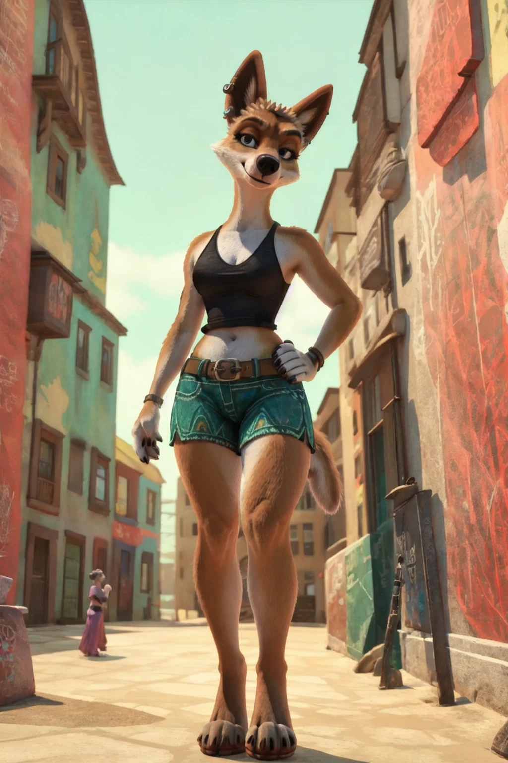 <lora:Sheila:0.7>, sheila, dingo, anthro, looking at viewer, full body, outside, standing, 1girl, colorful buildings, <lora:add_brightness:1>, looking at viewer