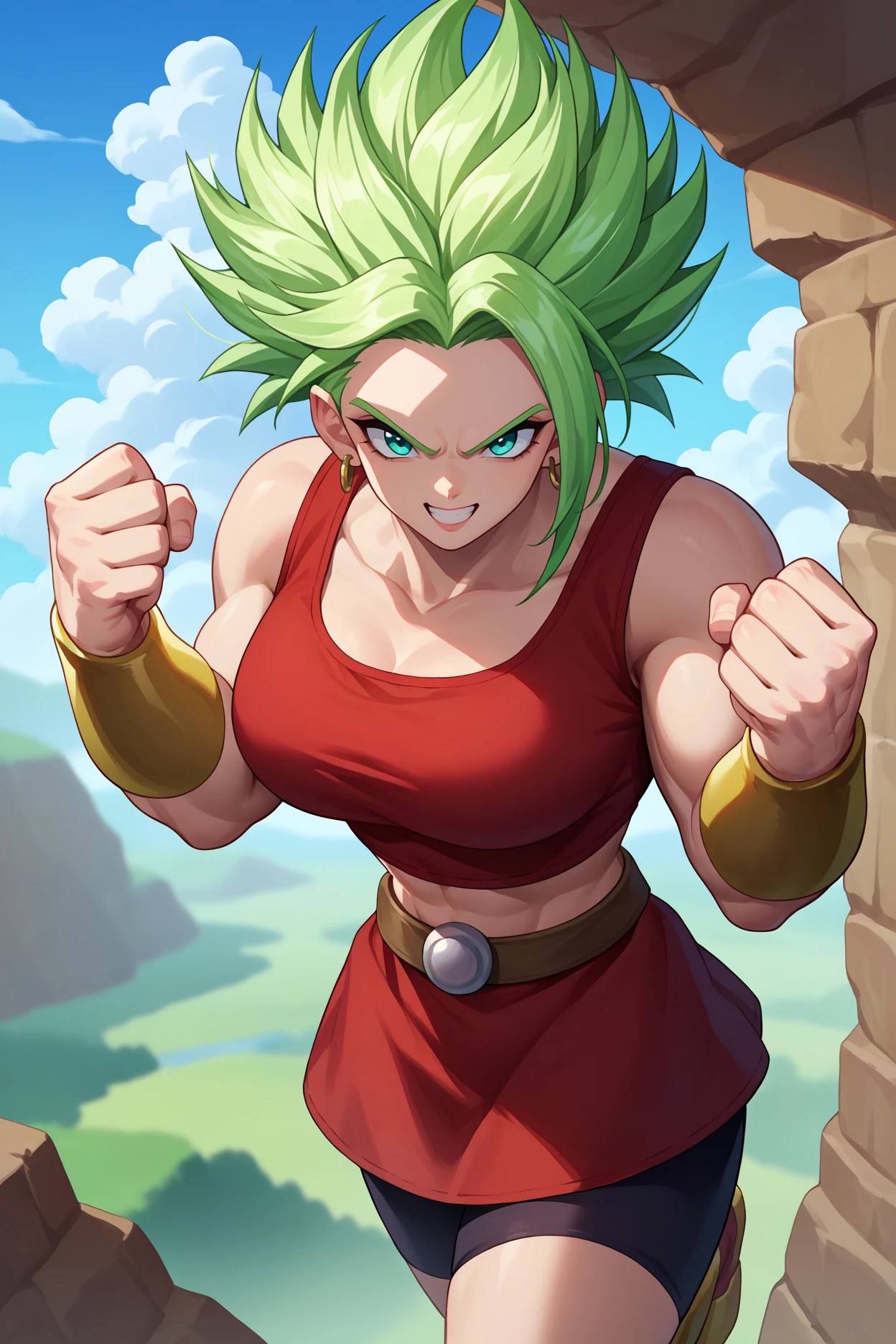 score_9, score_8_up, score_7_up, score_6_up, source_anime, 1girl, solo, <lora:kale-pdxl-nvwls-v1-000007:1> s2Kal, green hair, aqua eyes, red tank top, bracer, red skirt, shorts under skirt, midriff, big breasts, looking at you, clenched hands, smile, blue sky, clouds, flying