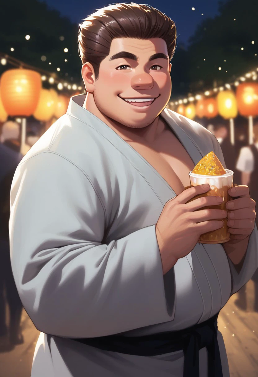 score_9, score_8_up, score_7_up, source_anime, rating_explicit, hands with five fingers, pecs, Tonunter, 1boy, male focus, grey yukata, smiling, looking at viewer, plump, blurry outdoor lantern festival, food stalls, warm bokeh, realistic lighting,