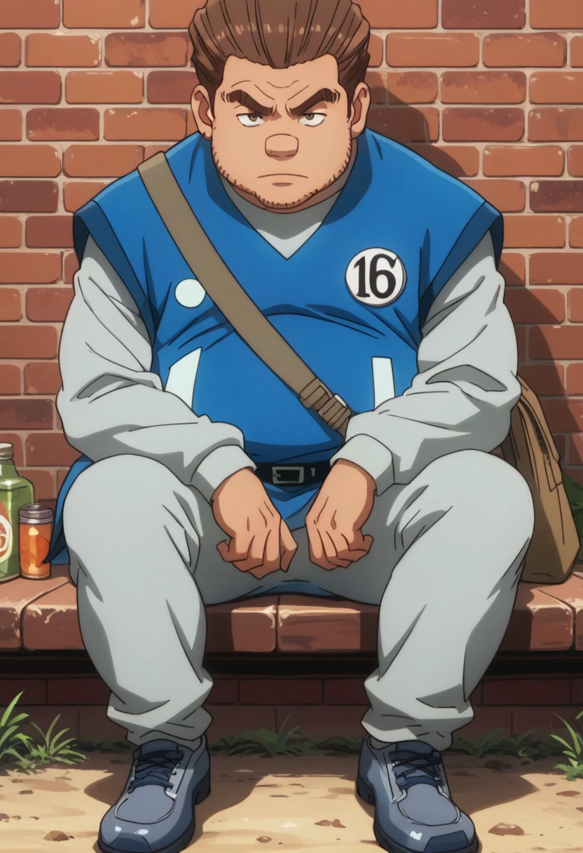 score_9, score_8_up, score_7_up, source_anime, rating_safe, Tonunter, 1boy, male focus,, anime screencap, grey sweater, blue vest, number pin, grey shoulder bag, dark blue belt, grey pants, dark grey shoes, sitting,