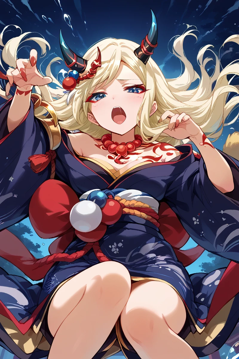 score_9, score_8_up, score_7_up, score_6_up, 1girl,
 <lora:Fumi_Yumeoji:0.9> fumi, blonde hair, long hair, horns, japanese clothes, solo, kimono, open mouth, tattoo, blue eyes, jewelry, necklace, doji