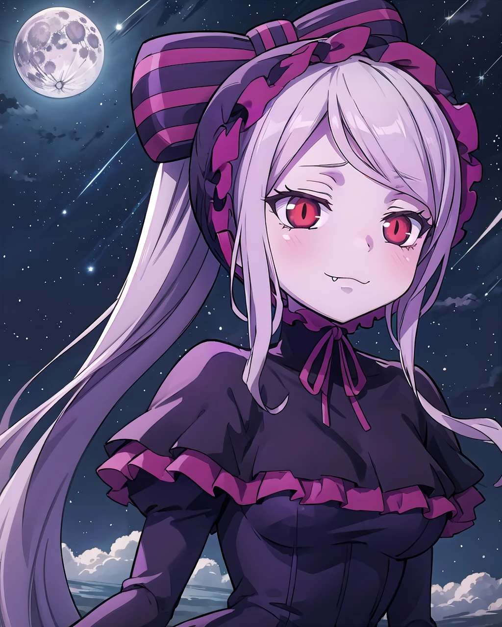 shalltear_Purple_bonnet_Purple_capelet_Purple_corset_Purple_skirt, shalltearbloodfallen, breasts, looking_to_the_side, :3, solo, outdoors, closed_mouth, frilled_capelet, red_neck_ribbon, red_purple_striped_hair_bow, puffy_sleeves, smile, vampire, tsurime, fang_out, upper_body, night, close-up, night_sky, star_(sky), full_moon, starry_sky, cloudy_sky, moonlight, <lora:Shalltear_Bloodfallen_V2:0.8>