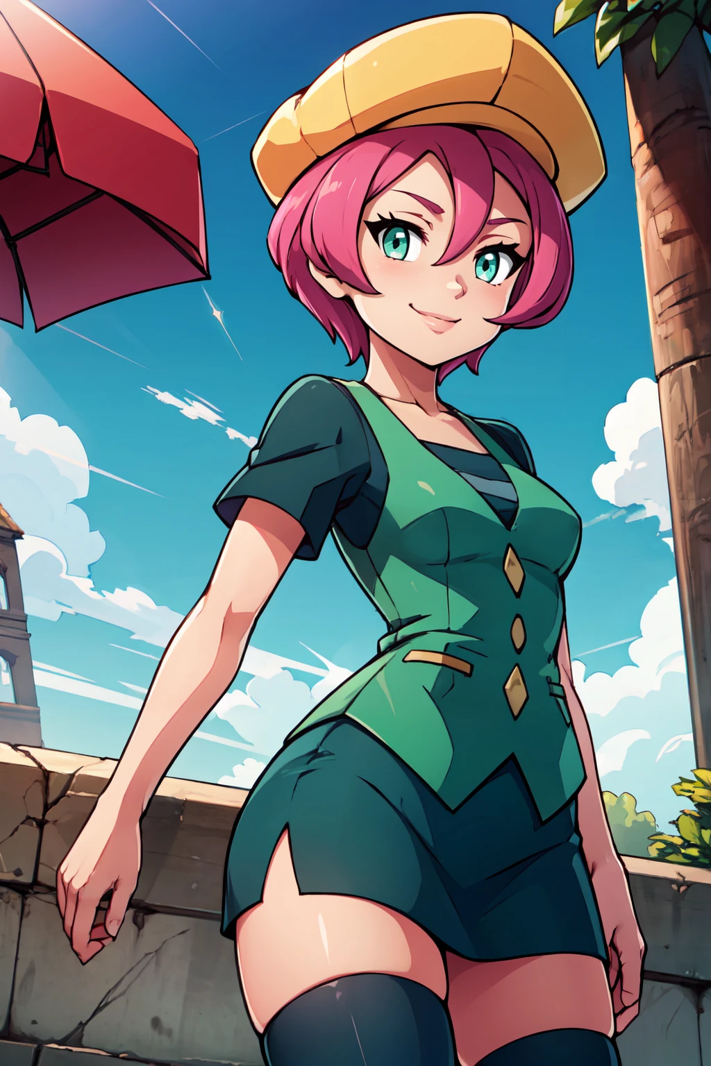 ((masterpiece,best quality)), absurdres,  BREAK, , <lora:Georgia_Pokemon:0.8>, zzGeorgia, short hair, green eyes, pink hair, yellow, cabbie hat, green vest, green thighighs, green skirt, zettai ryouiki,, BREAK, side view, hip to the side, contrapposto,, BREAK, solo, smile, looking at viewer, cowboy shot,