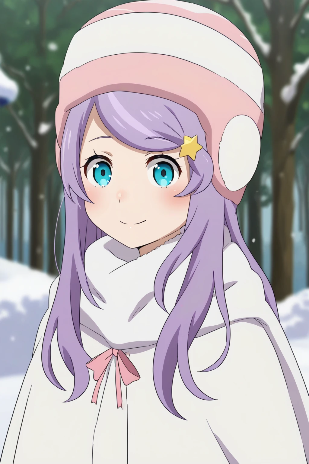 <lora:Anastasia_Hoshin_ReZero:1>, 1girl, anastasia hoshin, blue eyes, purple hair, winter hat, full body, snow, depth of field, white coat, upper body