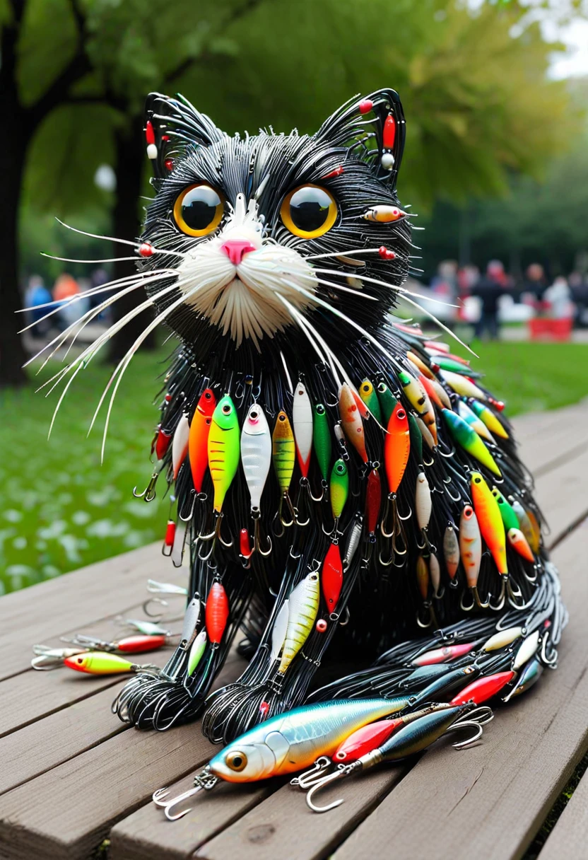 F15HLUR35, a cat made of fishing lures,  set in a public park, city, ,Masterpiece,best quality, raw photo, realistic, very aesthetic