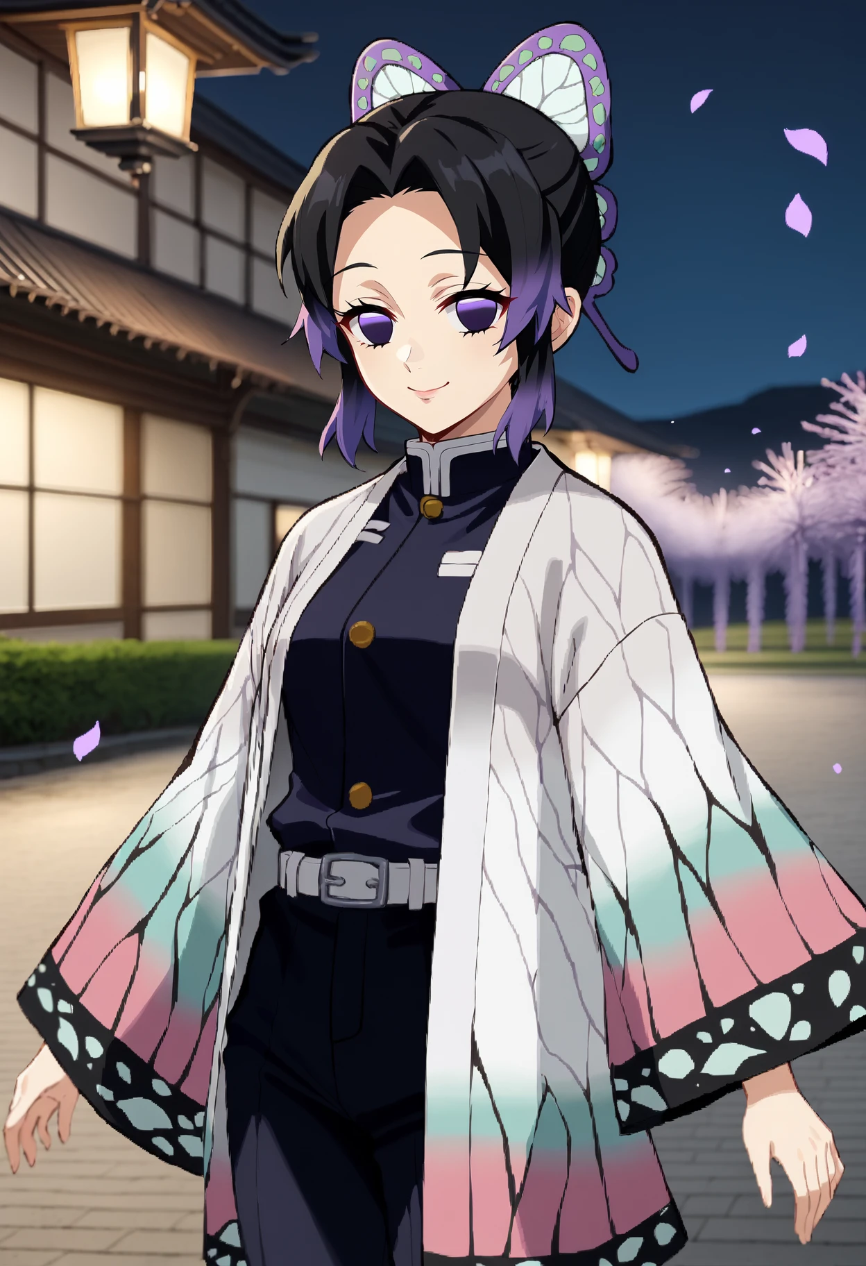 score_9,
<lora:KimetsuNoYaiba_KochouShinobuXL:0.8>, KochouShinobu,
1girl, solo, closed mouth, smile,
multicolored hair, black  hair, purple hair, empty eyes, purple eyes,  forehead, butterfly hair ornament, lips,
haori, butterfly print, black jacket, wide sleeves, buttons, white belt, puffy pants, black pants, 
standing, looking at viewer, 
outdoors, blurry background, photo background, night, wisteria, falling petals