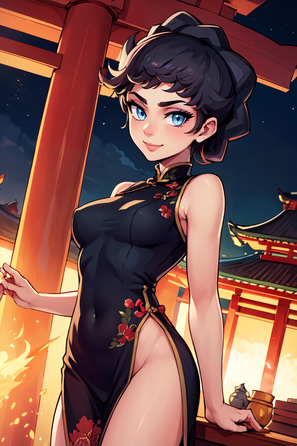 ((masterpiece,best quality)), absurdres,  BREAK, , <lora:Diantha_Pokemon:0.8>, zzDiantha, short hair, blue eyes, black hair, breasts, eyelashes, eyeshadow, bangs, , BREAK,  china dress, pelvic curtain, side slit, sleeveless, print dress, covered navel, no panties, outdoors, night, torii, shrine, east asian architecture, leaning forward, hand on own thigh, from above,, BREAK, solo, smile, looking at viewer, cowboy shot,