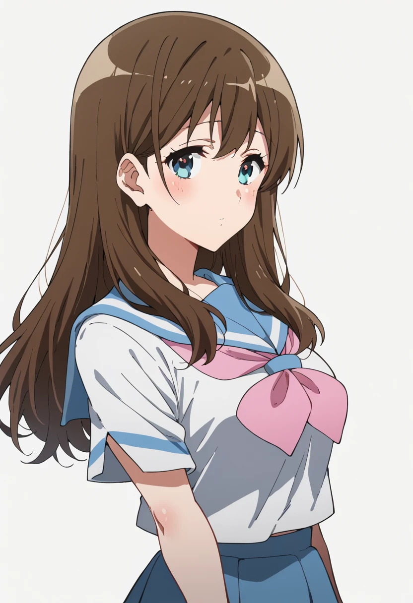 score_9, score_8_up, score_7_up, source_anime, rating_safe <lora:k_mayu_PONY-100007:1> k_mayu, anime coloring, 1girl, long hair, brown hair, blue eyes, half-closed eyes, blush, pink neckerchief, blue sailor collar, kitauji high school uniform, short sleeves, large breasts, pleated skirt, blue skirt, looking at viewer, upper body, from side, white background,