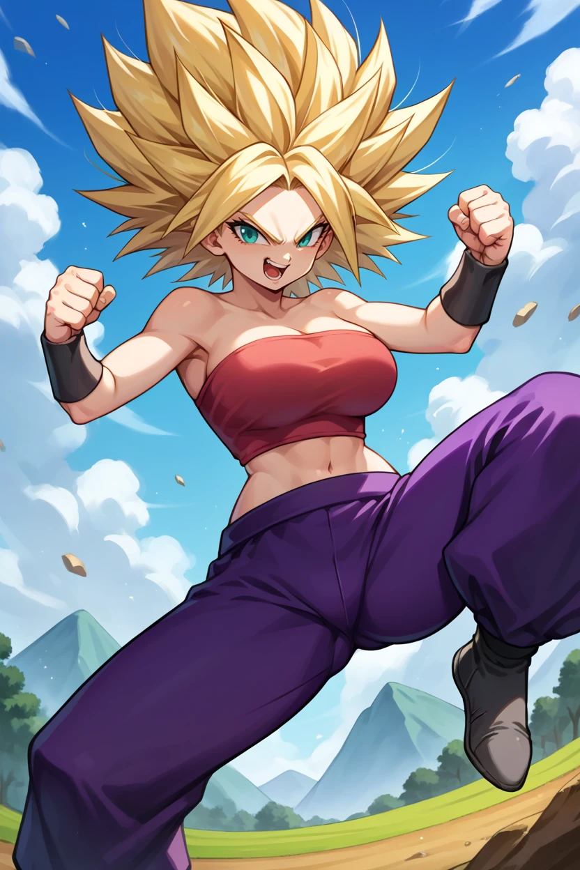 score_9, score_8_up, score_7_up, score_6_up, source_anime, 1girl, solo,  <lora:caulifla-pdxl-nvwls-v1-000007:1> ssCal, blonde hair, aqua eyes, tube top, purple pants, bracers, from side, kicking, happy, smug, open mouth, kick, leg, blue sky, dynamic pose, big breasts, black shoes, clenched hands