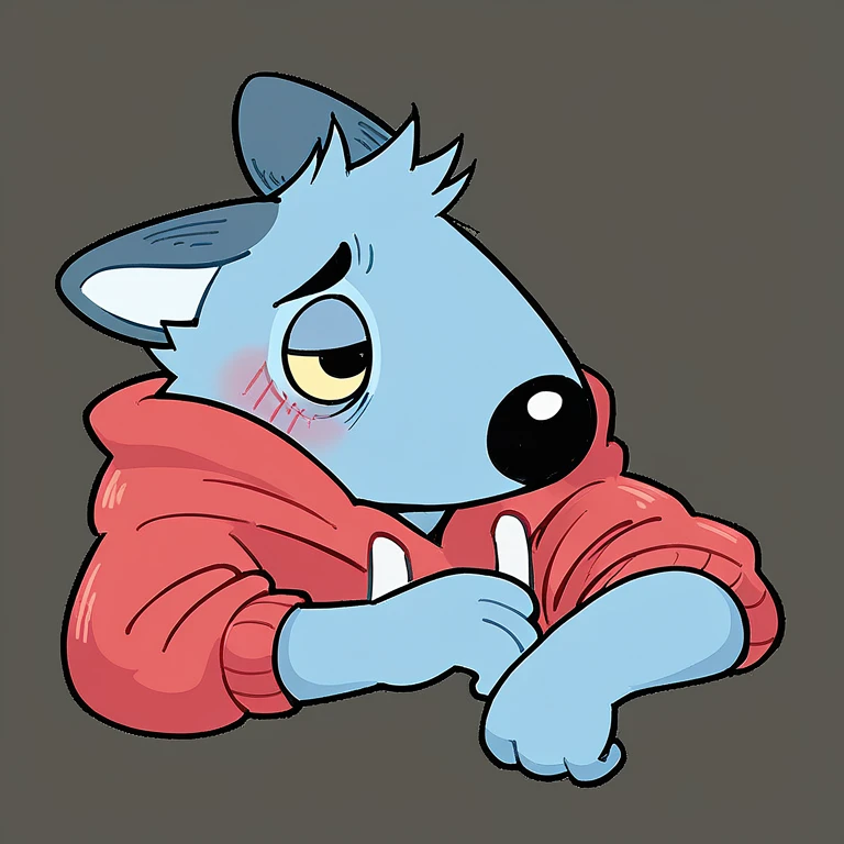 score_9, score_8_up, score_7_up, high quality, hires, 1boy, solo, blue body, furry, shy, yellow eyes, red hoodie, <lora:Rae__VK_sticker__Ð ÑÐ¹:1>