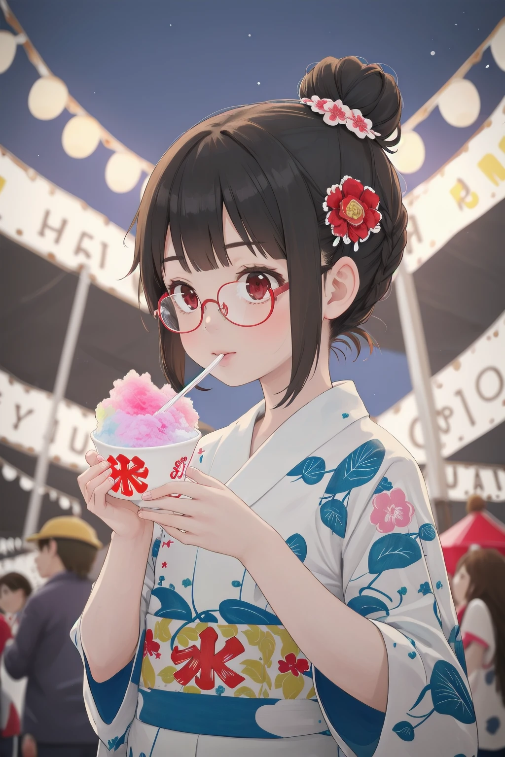 masterpiece, best quality, very aesthetic, absurdres,
1girl, solo, glasses, black hair, short hair, hair bun, hair ornament, braid, yukata, floral print,
holding spoon, holding, holding food, kakikoori_red, shaved ice, food, spoon, outdoors, blurry background, night, summer, paper lantern, 
<lora:kakikoori_SD15_V2:1>