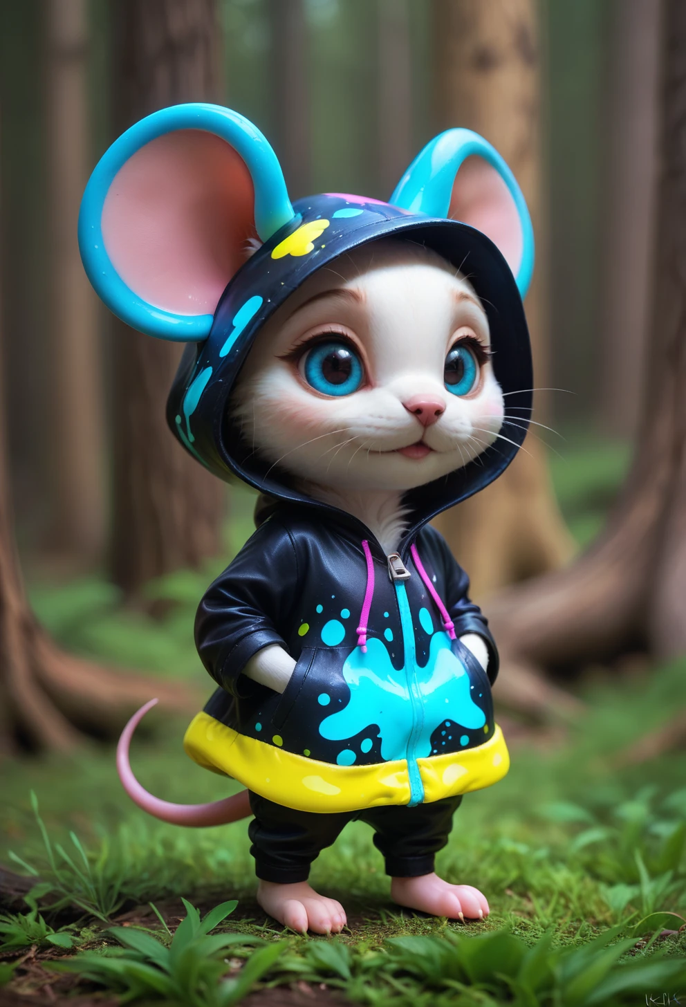 score_9, score_8_up, score_7_up, 2d, 8k. a chibi mouse in a oversized costume made out of bnysplshpy <lora:ebonysplashPY-000009:0.7>, forrest