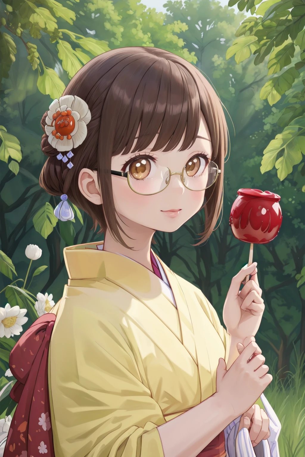 masterpiece, best quality, very aesthetic, absurdres, glasses,
ringoame, 1girl, food, brown hair,  japanese clothes, kimono, candy apple, hair ornament, looking at viewer, hair flower, brown eyes, flower, holding food, upper body, holding, short hair,  outdoors, bangs
<lora:ringoame_SD15_V1:0.8>