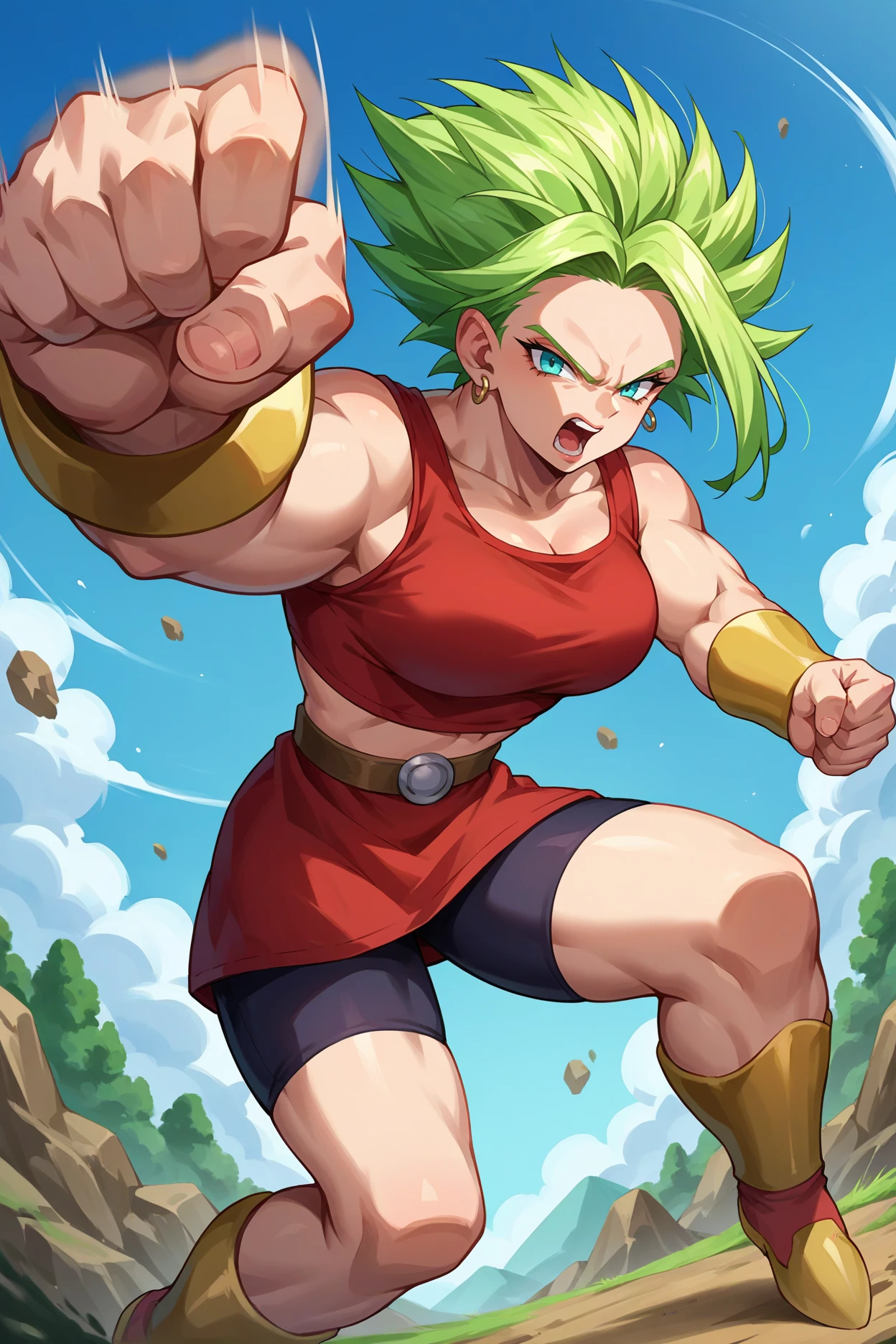 score_9, score_8_up, score_7_up, score_6_up, source_anime, 1girl, solo,  <lora:kale-pdxl-nvwls-v1-000007:1> s2Kal, green hair, aqua eyes, red tank top, bracer, red skirt, shorts under skirt, midriff, big breasts, boots, kicking, leg, looking at you, serious, open mouth, blue sky, dynamic pose, motion blur