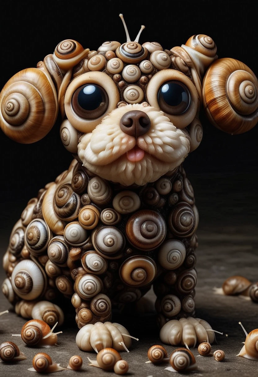 SN41LS, a cute dog is made of snails, detailed face, (big eyes:0.9), detailed eyes, ,Masterpiece,best quality, raw photo, realistic, very aesthetic