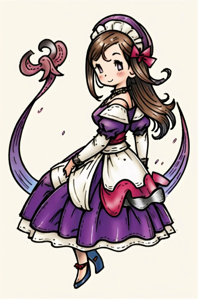 1girl, alternate costume, blush, smile, breasts, full body, bare shoulders, brown hair, long hair, choker, cleavage, purple eyes, detached sleeves, dress, frilled choker, frilled dress, frilled hairband, frilled sleeves, frills, hairband, headdress, hetero, large breasts, maid fashion, maid hairband, long hair, long sleeves, maid headdress, medium breasts, open mouth, purple bow, purple dress, purple footwear, purple gloves, purple headwear, purple jacket, purple legwear, purple ribbon, purple shirt, purple skirt, purple sleeves, looking at viewer, outdoors, sitting, chair, waterfall and rainbow, from back, afternoon, <lora:, styles\Akihiko_Yoshida_Chibi_clip_skip-000017.safetensors, :1.0>