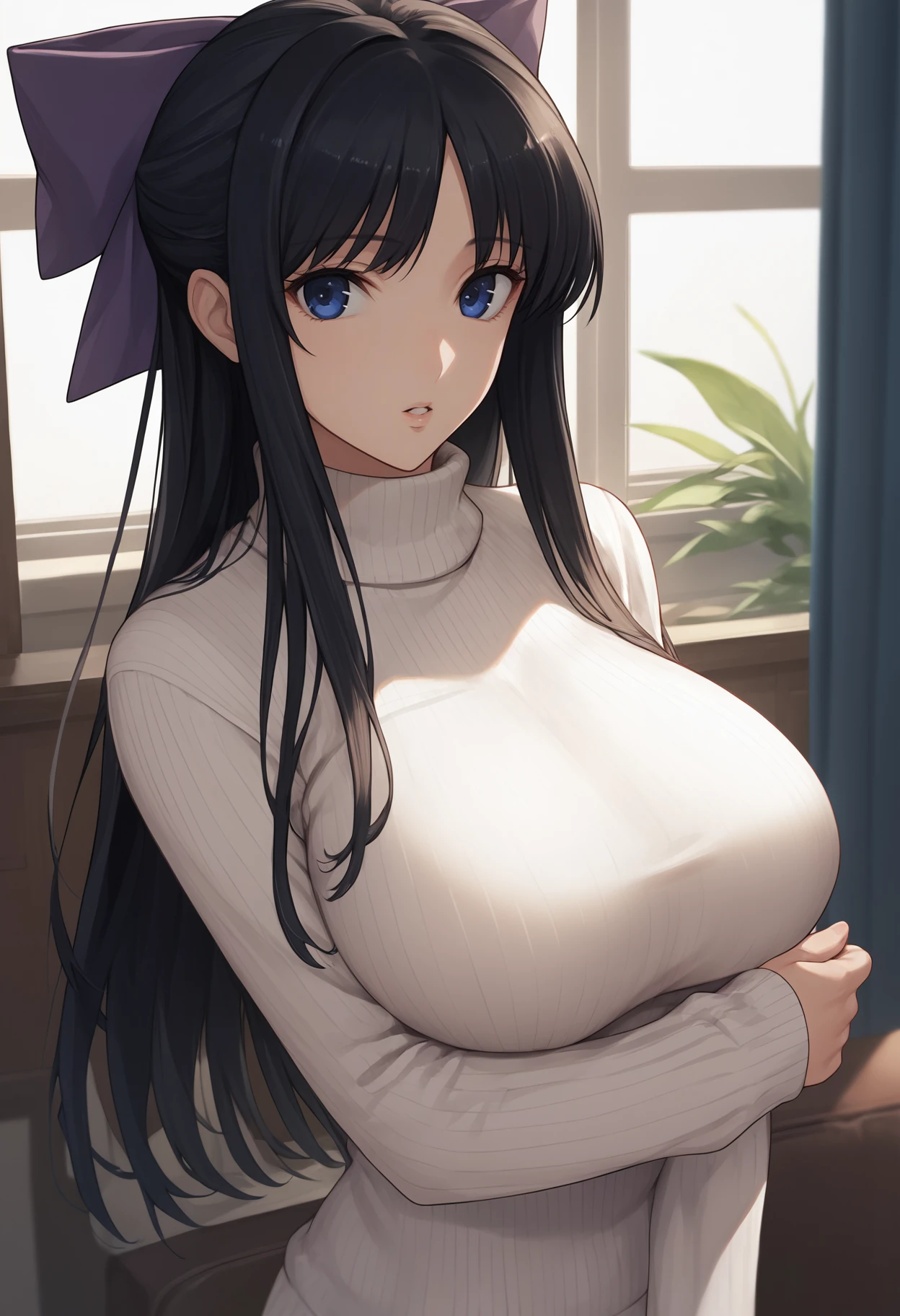 score_9, score_8_up, score_7_up, source_anime BREAK 1girl, solo,  <lora:akaneryuuzouji-wr-richy-v1_pdxl:1>knrzj, blue eyes, black hair, long hair, hair bow, large breasts, turtleneck sweater, white sweater, ribbed sweater, indoors, parted lips, looking at viewer