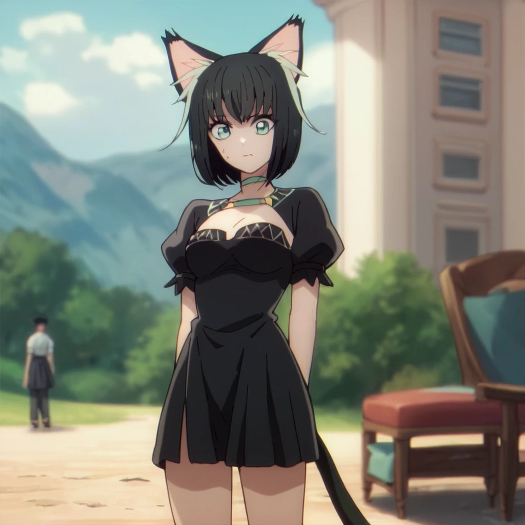 score_9, score_8_up, score_7_up, score_6_up, score_5_up, score_4_up, source_anime, , Tama, cat girl, black hair, black dress