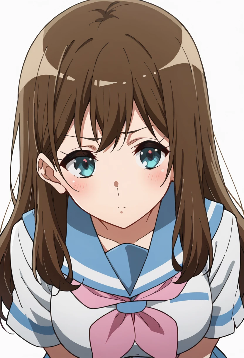 score_9, score_8_up, score_7_up, source_anime, rating_safe <lora:k_mayu_PONY-100007:1> k_mayu, anime coloring, 1girl, long hair, brown hair, blue eyes, serious, half-closed eyes, blush, pink neckerchief, blue sailor collar, kitauji high school uniform, short sleeves, pleated skirt, blue skirt, black pantyhose, large breasts, leaning forward, looking at viewer, upper body,white background,