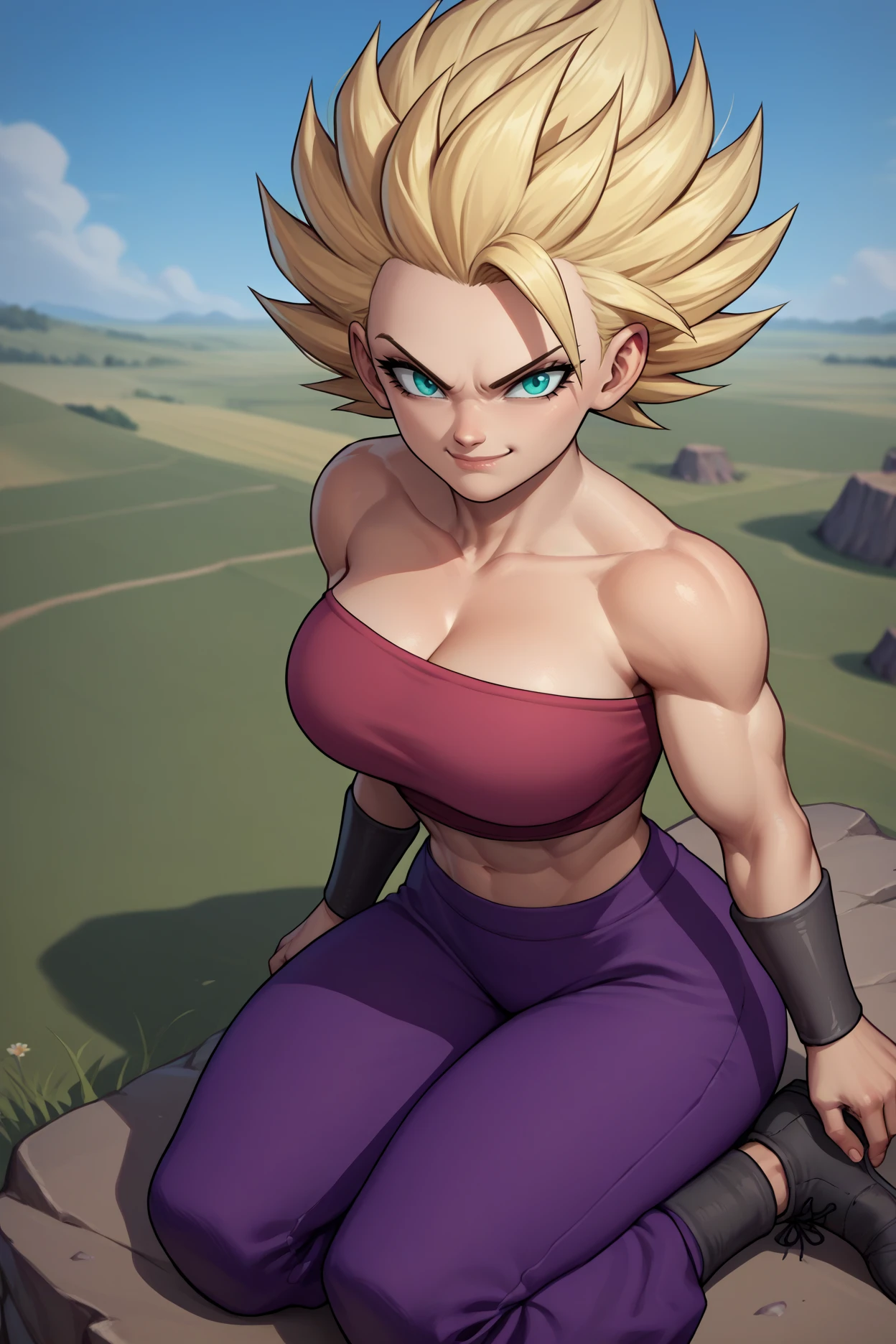 score_9, score_8_up, score_7_up, score_6_up, source_anime, 1girl, solo,  <lora:caulifla-pdxl-nvwls-v1-000007:1> s2Cal, blonde hair, aqua eyes, asymmetrical bangs, tube top, purple pants, bracers, black shoes, toned, smirk, from above, looking at you, field, big breasts, arms at sides