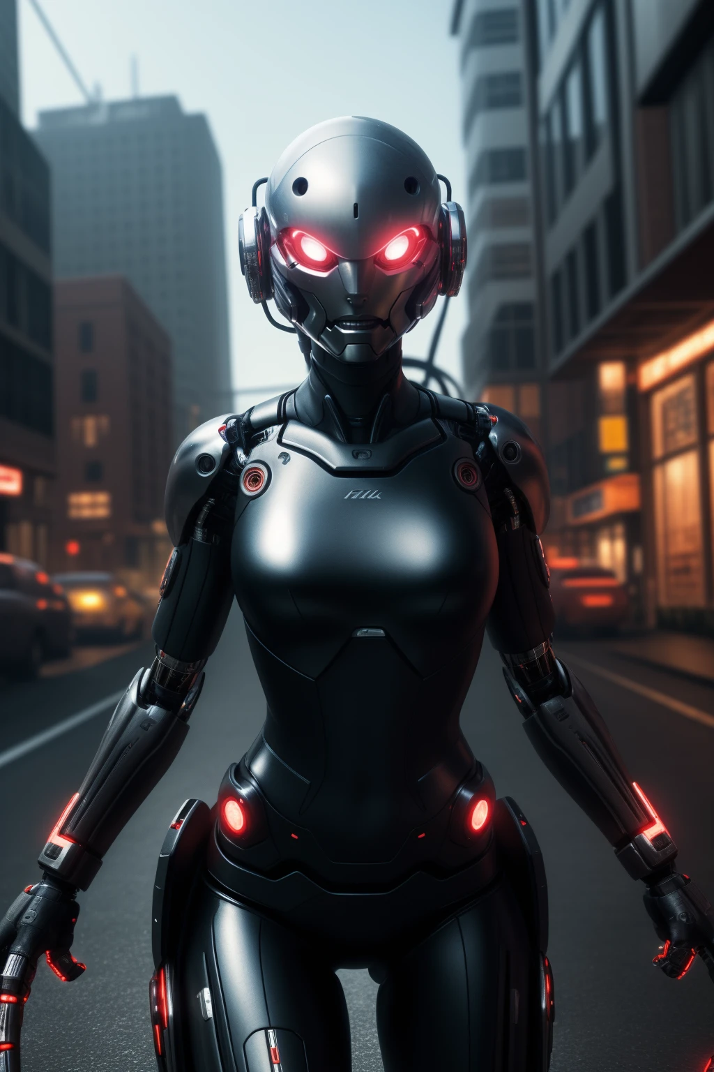 Metallic skeleton, Female Robot, (surreal) 8K, It's in the middle of an abandoned city with dark details all around it, With the moon in the sky, The cyberpunk, Future City,