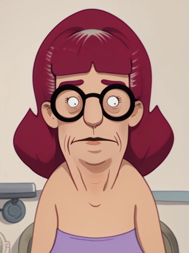 <lora:Helen_Kellerman_-_Bobs_Burgers:1>1girl, old woman, mature, dyed hair, red hair, purple tube-top, short hair, wrinkles, bangs, bare shoulders solo, glasses, black framed glasses, round eyewear, gray_roots, black eyes, portrait, source_cartoon, score_9, score_8_up, score_7_up,