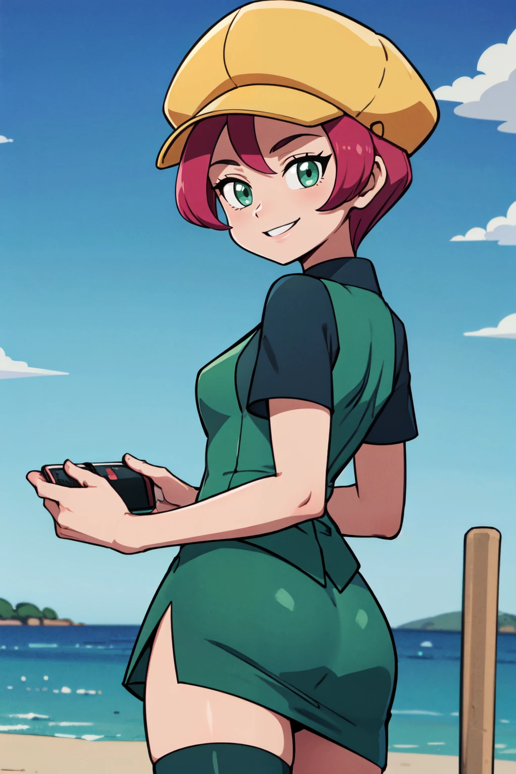 ((masterpiece,best quality)), absurdres,  BREAK, , <lora:Georgia_Pokemon:0.8>, zzGeorgia, short hair, green eyes, pink hair, yellow, cabbie hat, green vest, green thighighs, green skirt, zettai ryouiki,, BREAK, side view, hip to the side, contrapposto,, BREAK, solo, smile, looking at viewer, cowboy shot,