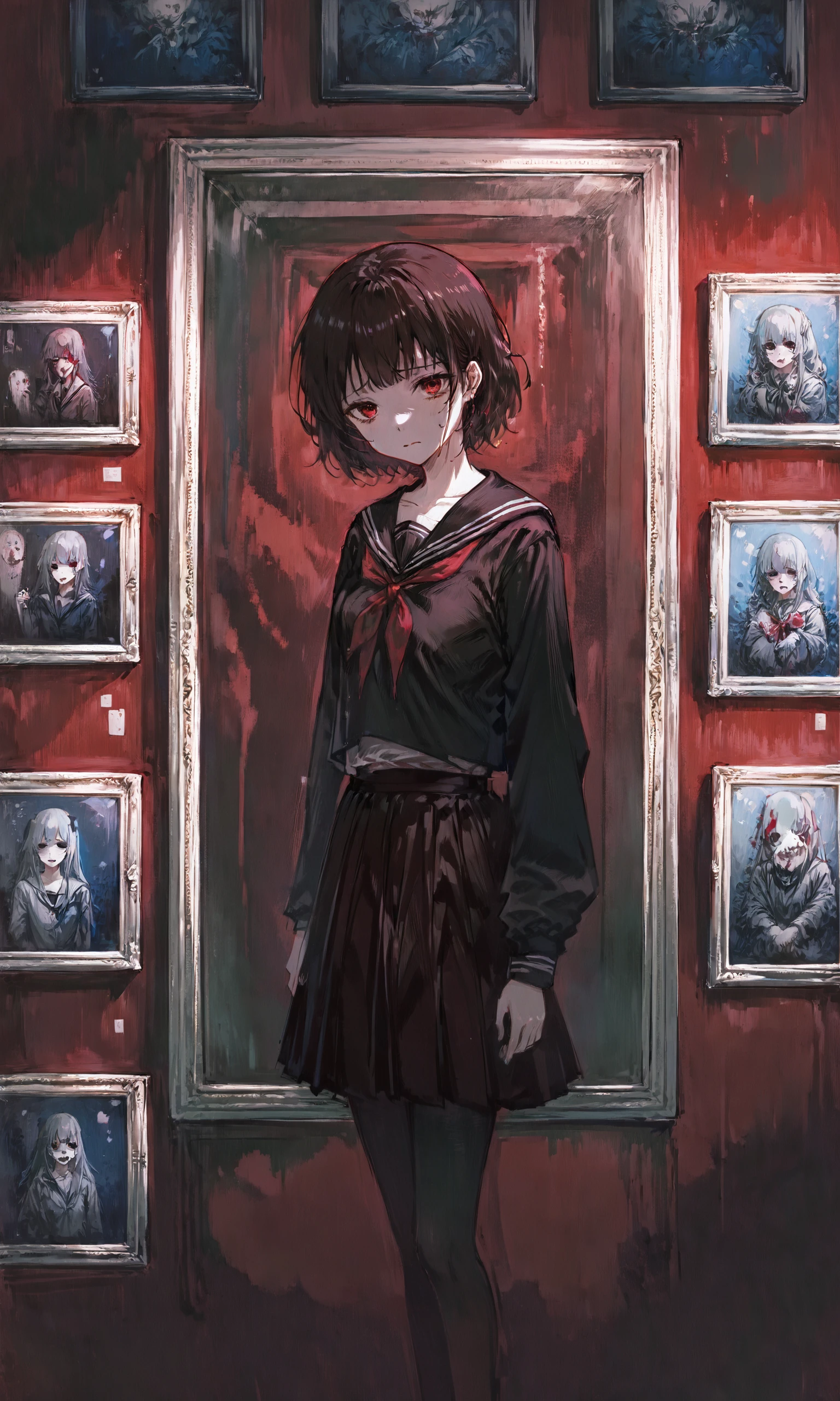 masterpiece,best quality,ultra-detailed,very aesthetic,absurdres,girl in Art Gallery,solo,school uniform,skirt,blood splatter,sailor collar,horror \(theme\),standing,red background,sad,photo \(object\),dark,night,