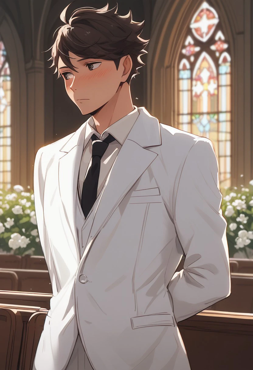 score_9, score_8_up, score_7_up, source_anime, rating_safe, white flowers, Oikaikyu, 1boy, male focus, looking away, blushing, closed mouth, hands behind back, white formal suit, black necktie, indoors church, wedding,