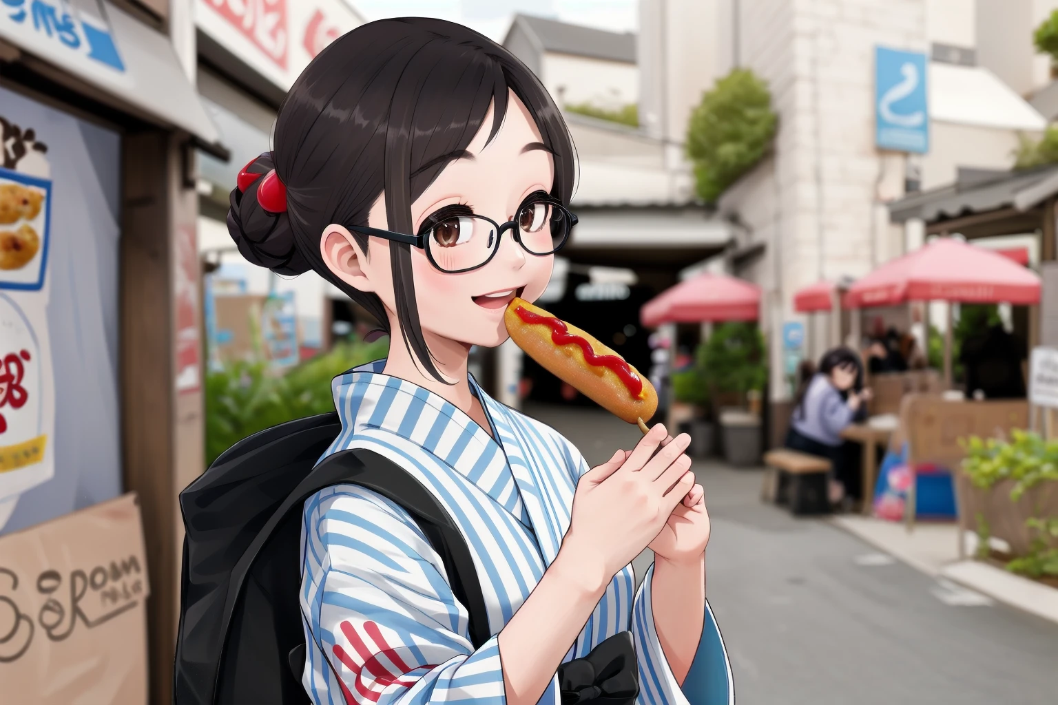 masterpiece, best quality, very aesthetic, absurdres,
1girl, solo, glasses, black hair, short hair, hair bun, yukata, happy, smile, holding, holding food, food, outdoors, depth of field, blurry background,
american_dog, skewer, ketchup
<lora:american_dog_SD15_V1:0.8>