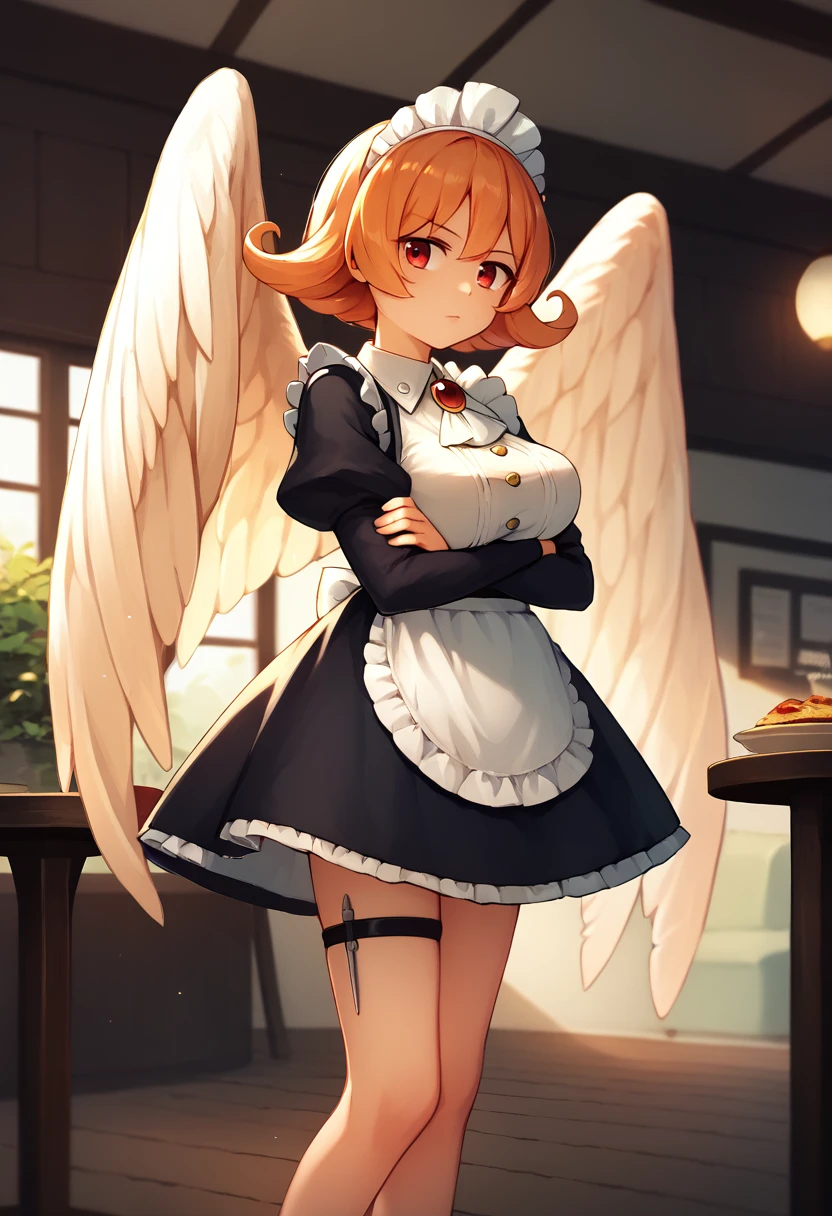 score_9, score_8_up, score_7_up, solo, 1girl, irmeidri, monster girl, white wings, feathered wings, expressionless, looking at viewer, standing, crossed arms, flipped hair, maid headdress, frills, black dress, brooch, white ascot, puffy sleeves, long sleeves, white apron, thigh strap, large breasts, indoors, restaurant <lora:interspeciesreviewers_meidri_ponyXL:1>