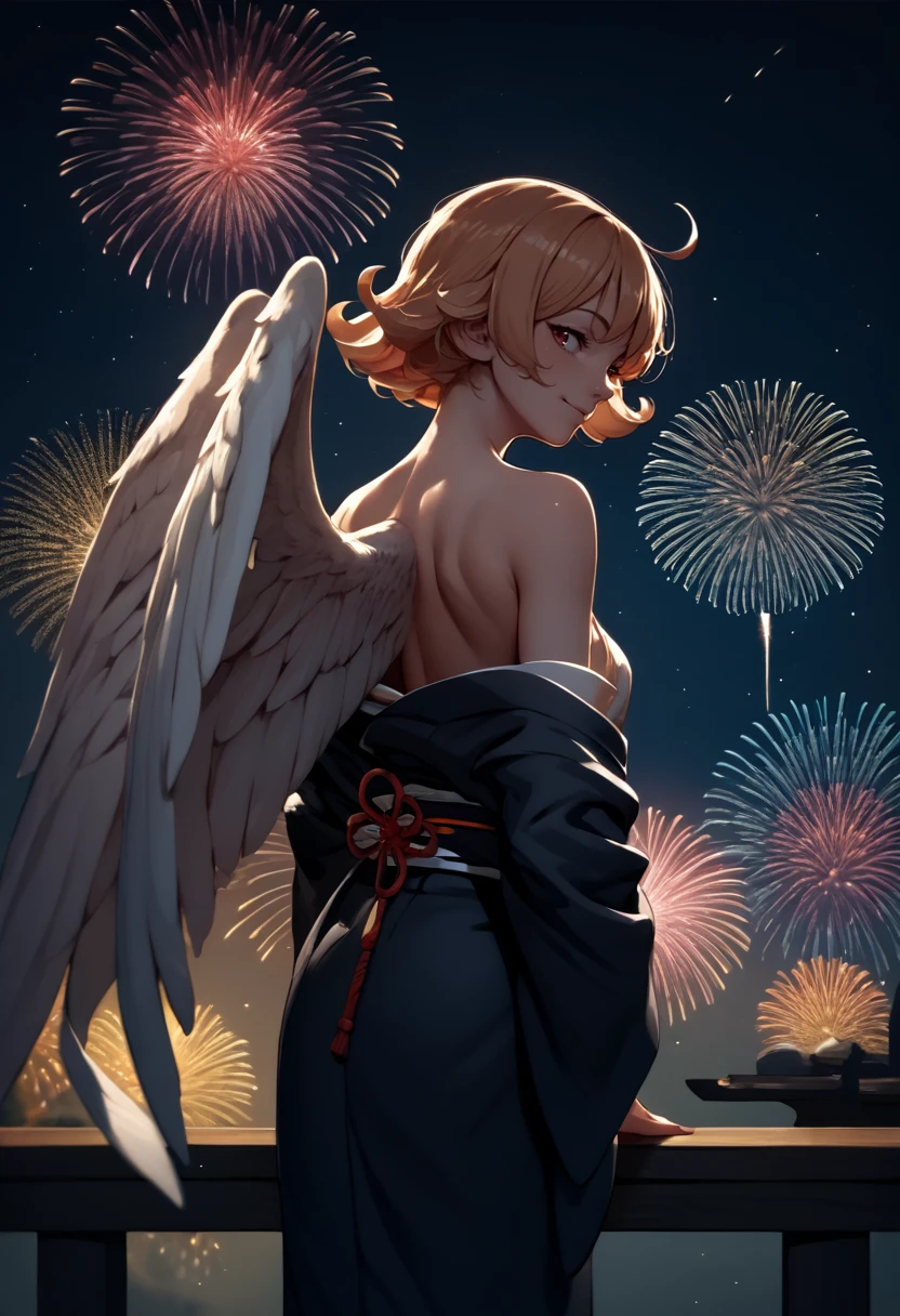 score_9, score_8_up, score_7_up, source_anime, from behind, solo, 1girl, irmeidri, monster girl, white wings, feathered wings, light smile, looking back, flipped hair, japanese clothes, black kimono, off shoulder, bare shoulders, fireworks <lora:interspeciesreviewers_meidri_ponyXL:1>