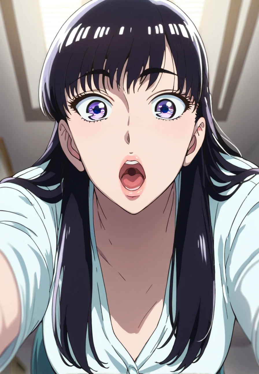 score_9_up, score_8_up, score_7_up, source_anime, <lora:Akira_Tachibana_-_After_rain_PDXL:1>, akira tachibana, long hair, black hair, purple eyes, wide lips, medium breasts, looking at viewer, mouth open, surprised, face focus, indoors, best quality, high quality