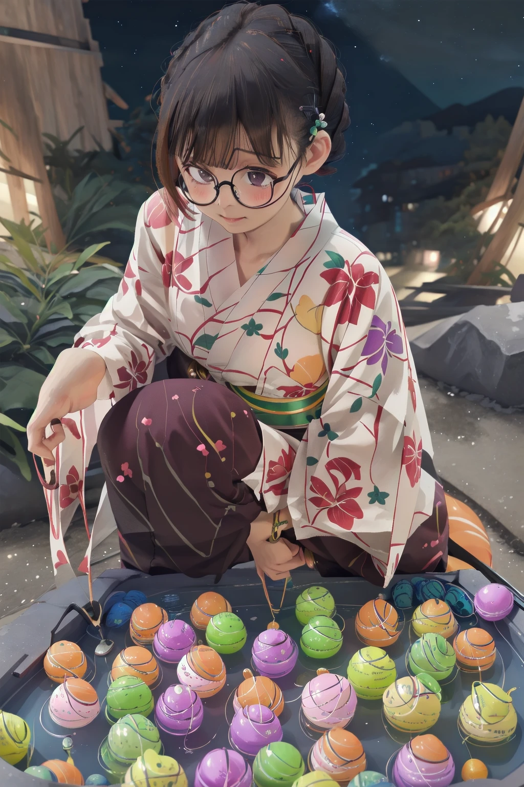 masterpiece, best quality, very aesthetic, absurdres,
mizufusen, 1girl, glasses, black hair, yukata, bracelet, long sleeves, floral print, water balloon fishing, night, squatting, outdoors,
<lora:mizufusen_SD15_V1:1>