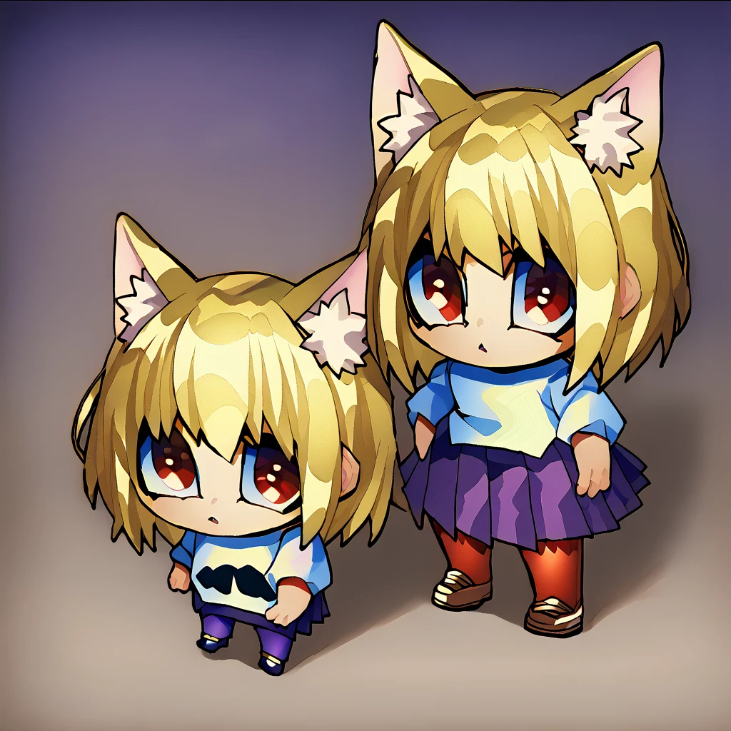 <lora:Senmu0107Modern:1.5>
 <lora:necoarc-guy-PONYv1_1:0.8> necoarc, blonde hair, red eyes, slit pupils, cat ears, :3, chibi, turtleneck, white shirt, blue skirt, pleated skirt, pantyhose, brown footwear, turtleneck, white shirt, purple skirt, pantyhose