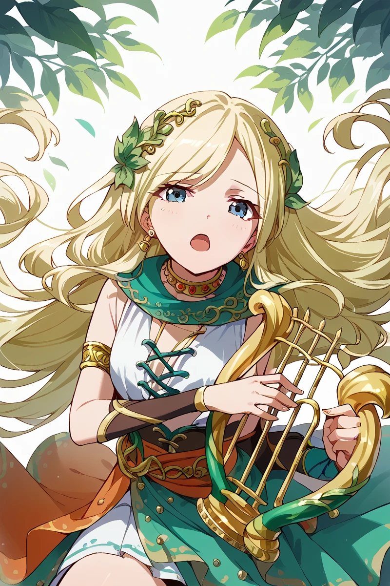 score_9, score_8_up, score_7_up, score_6_up, 1girl,
 <lora:Fumi_Yumeoji:0.9> fumi, blonde hair, long hair, solo, harp, instrument, jewelry, blue eyes, lyre, looking at viewer, open mouth, floating hair, earrings, holding, leaf hair ornament, bard