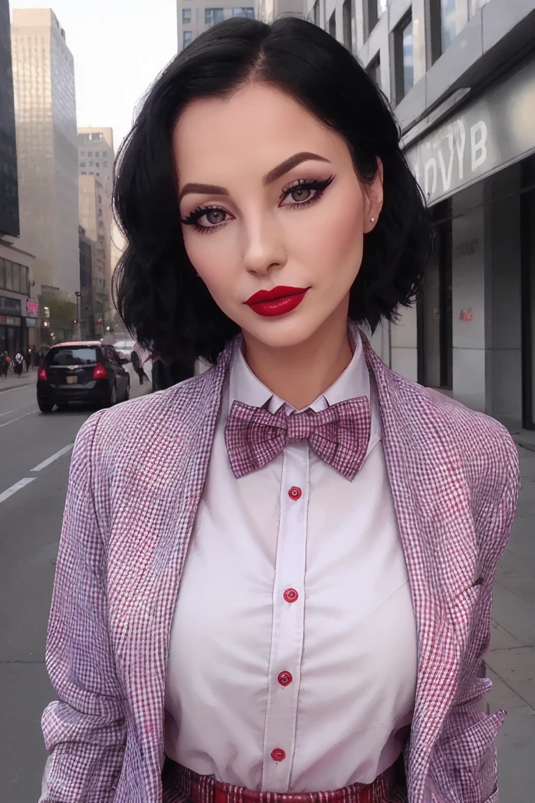 <lora:mary-06:0.6>,,mary,((detailed skin, detailed face):1.2), ((detailed eyes, beautiful eyes):1.2),((red lipstick, eyeliner, eye shadow)), 
 photo of a woman, ((plaid jacket, plaid skirt, bow tie, shirt, walking, outdoors, city)),