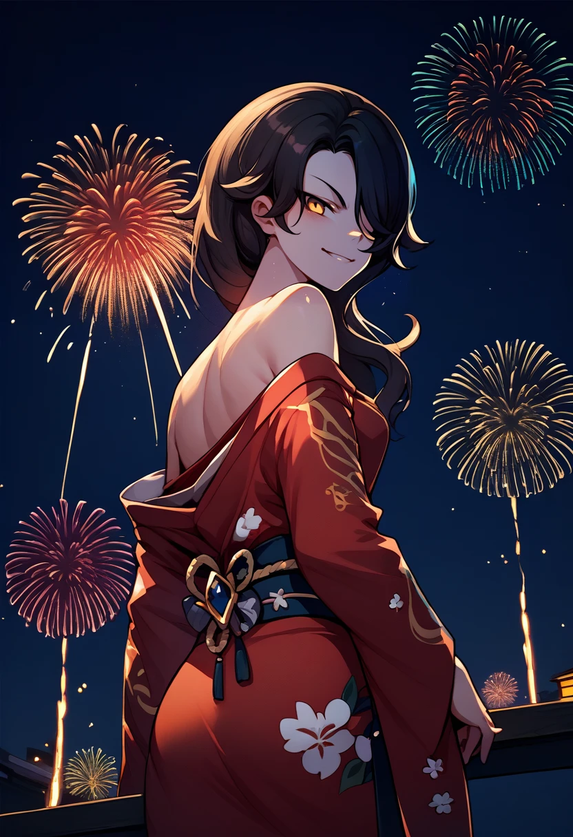 score_9, score_8_up, score_7_up, source_anime, from behind, solo, 1girl, cindervale, smirk, looking back, long hair, hair over one eye, japanese clothes, red kimono, off shoulder, bare shoulders, fireworks <lora:rwby_cinderfall_ponyXL-VALE:1>