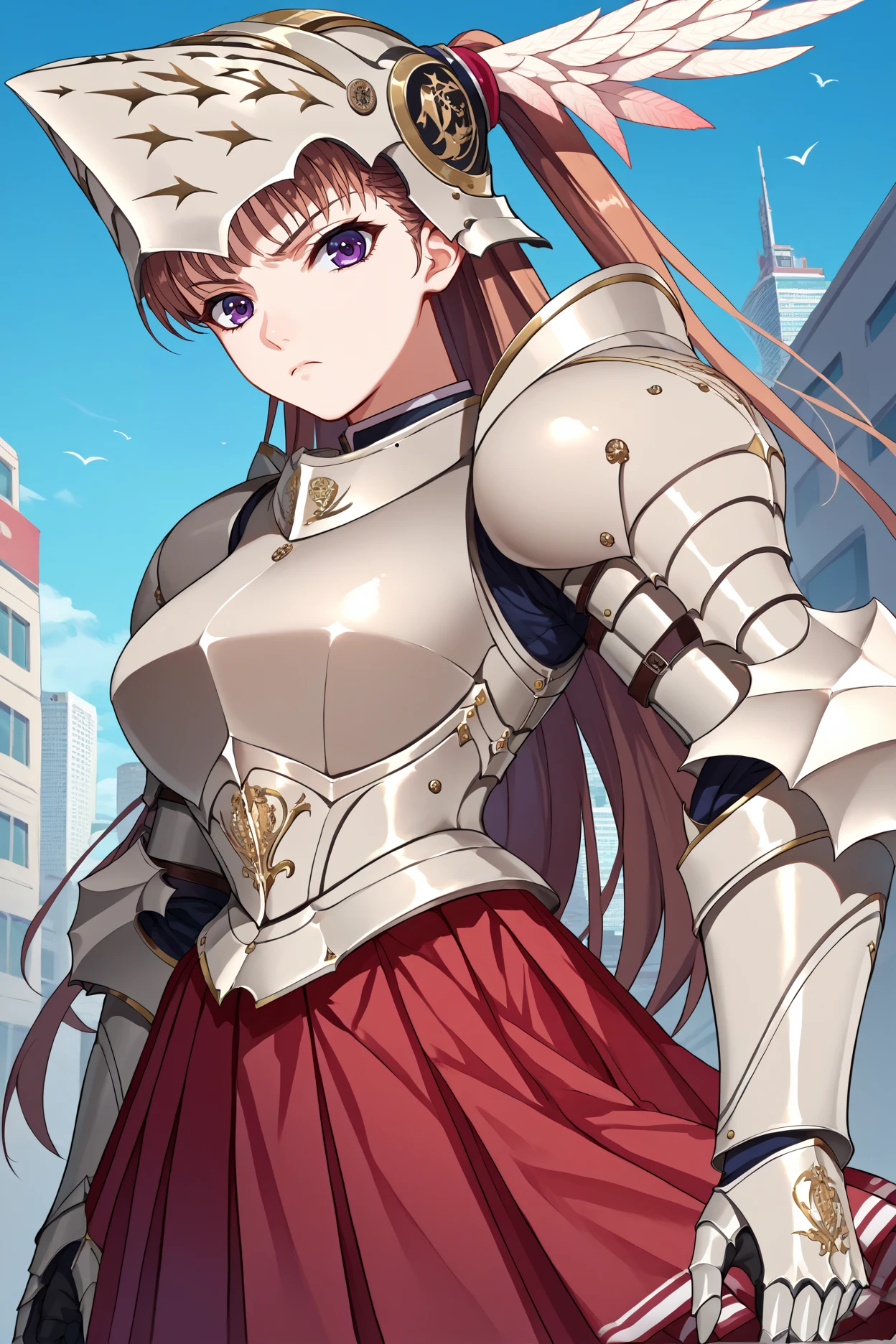 score_9, score_8_up, score_7_up, score_6_up, source_anime, 1girl, solo,  <lora:noelma-pdxl-nvwls-v1-000005:1> noelma, brown hair, purple eyes, helmet, armor, gauntlets, red skirt, pleated skirt, armored boots, big breasts, serious, looking at you, blue sky, city