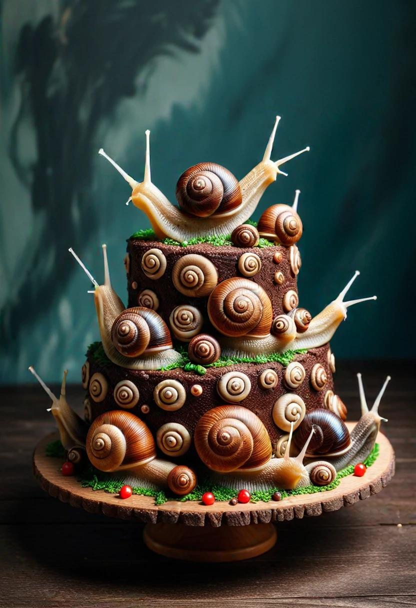 SN41LS, a cake made of snails,  set at a birthday party, ,Masterpiece,best quality, raw photo, realistic, very aesthetic