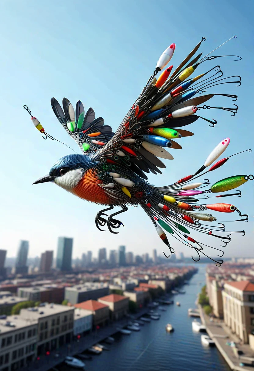 F15HLUR35, a bird made of fishing lures,  flying over the city, ,Masterpiece,best quality, raw photo, realistic, very aesthetic