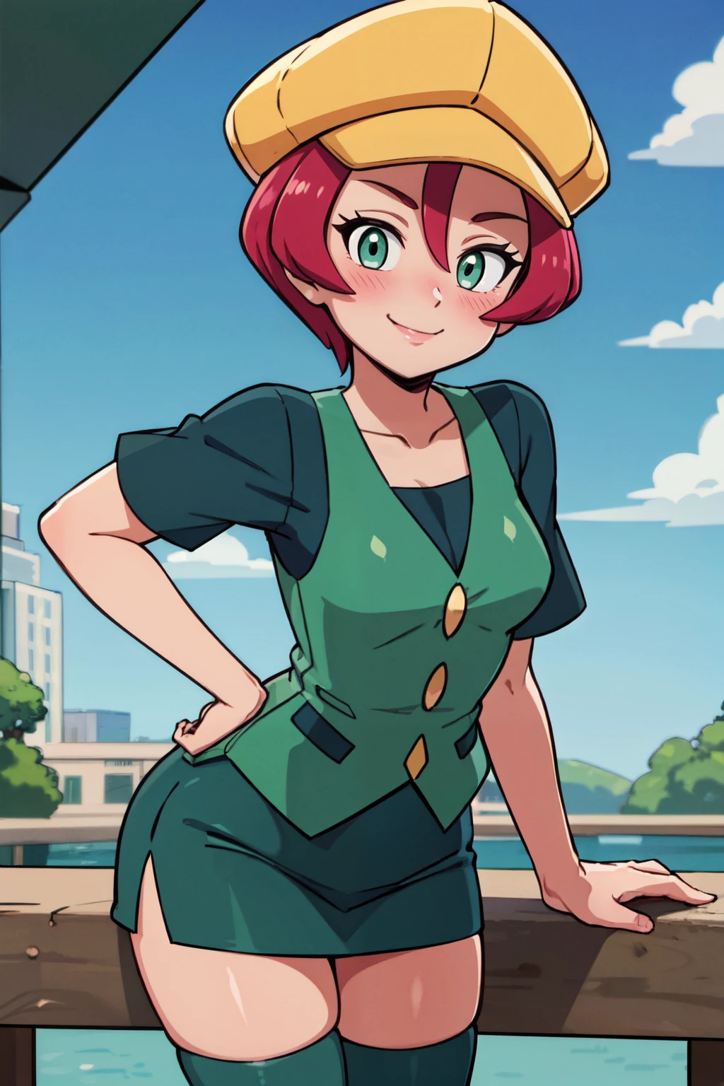 ((masterpiece,best quality)), absurdres,  BREAK, , <lora:Georgia_Pokemon:0.8>, zzGeorgia, short hair, green eyes, pink hair, yellow, cabbie hat, green vest, green thighighs, green skirt, zettai ryouiki,, BREAK, leaning forward, head tilt, blush,, BREAK, solo, smile, looking at viewer, cowboy shot,