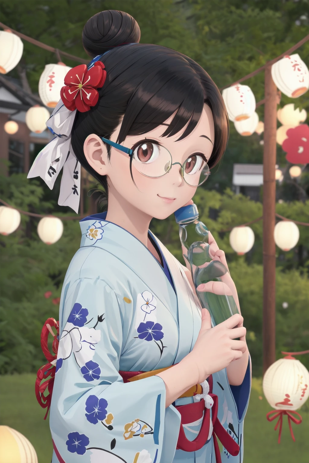 masterpiece, best quality, very aesthetic, absurdres,
ramune, food, 1girl, solo, glasses, black hair, bottle, holding, upper body, holding bottle, yukata, uchiwa, hair bun, hair flower, night, paper lantern, summer, depth of field, blurry background, 
 <lora:ramune_SD15_V1:1>