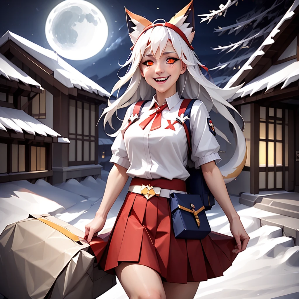 headband, blood on arm, moon, detached sleeves, school uniform, pelvic curtain, yellow eyes, lips, feet, sash, scenery, fox ears, sweat, smile, red eyes, blue skirt, white hair, headdress, sleeveless, bag, shoulder armor, night, clothing aside, snow, spikes