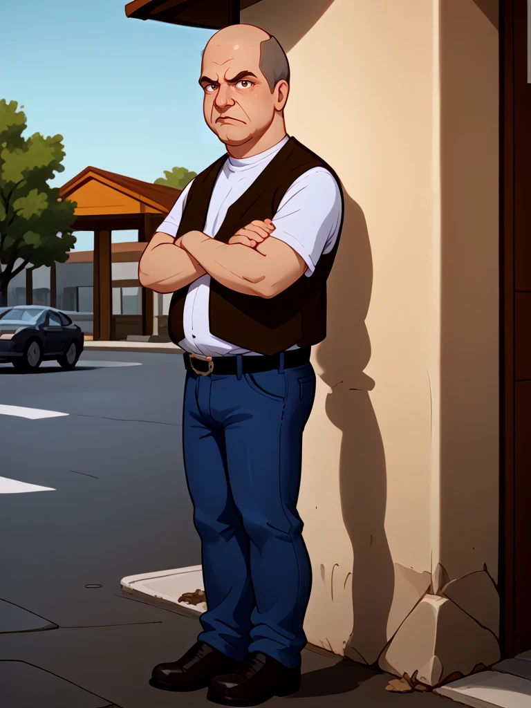 <lora:Big_Jim_-_King_of_the_Hill:0.75>1boy, grey hair, middle aged, white shirt, dark_orange_vest, pattern_baldness, scowl, jeans, belt, arms crossed, black shoes, leaning, legs crossed, full body, looking at viewer, outdoors, side view, from the side,, source_cartoon, score_9, score_8_up, score_7_up,